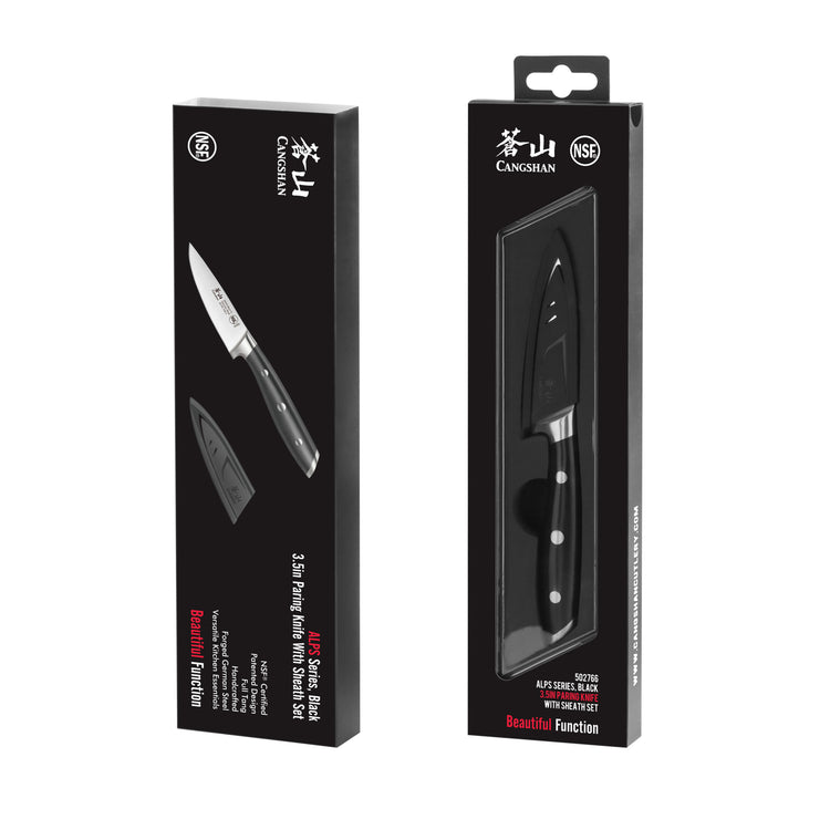 Black 3.5-inch paring knife with three-rivet handle and protective sheath in black retail packaging.