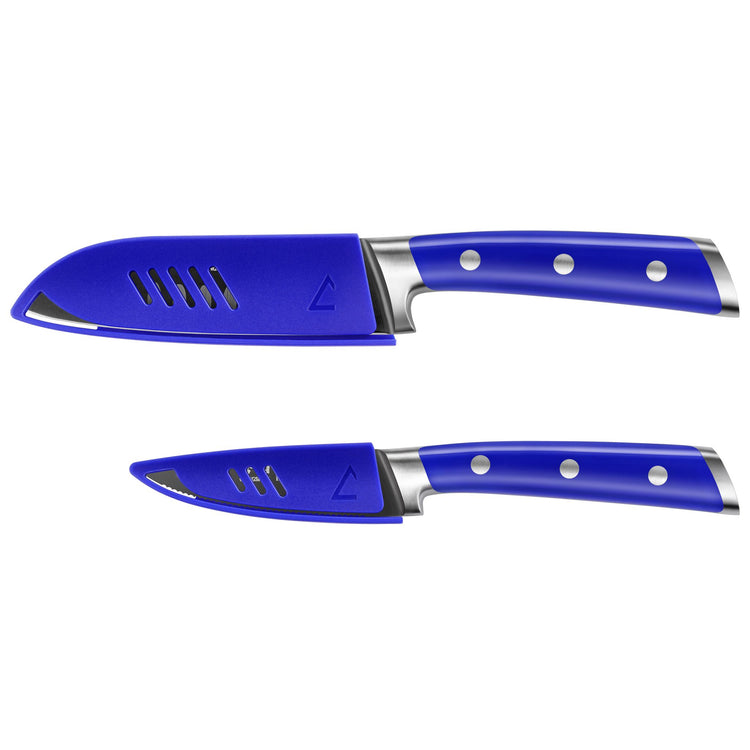 Two kitchen knives with blue handles and matching blue blade covers, isolated on white background.