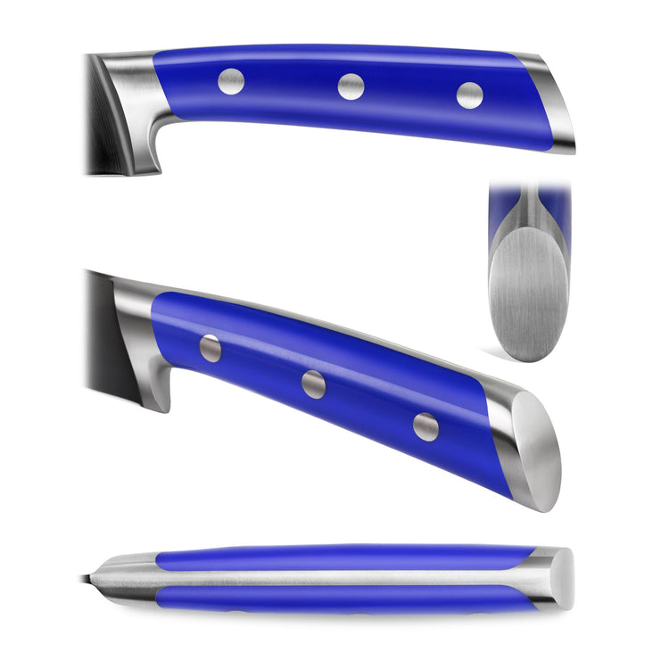 Blue-handled kitchen knife shown from four angles: side, top, bottom, and angled side view.