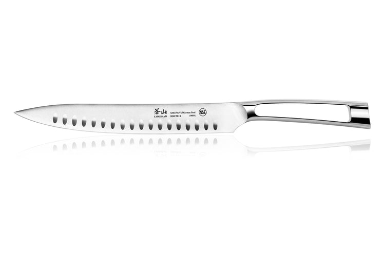 9-inch carving knife with hollow edge and full metal handle, polished stainless steel blade and handle.
