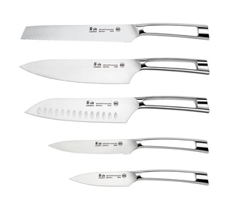 
                    
                      Five stainless steel kitchen knives with polished handles, each blade featuring different shapes and serration patterns.
                    
                  
