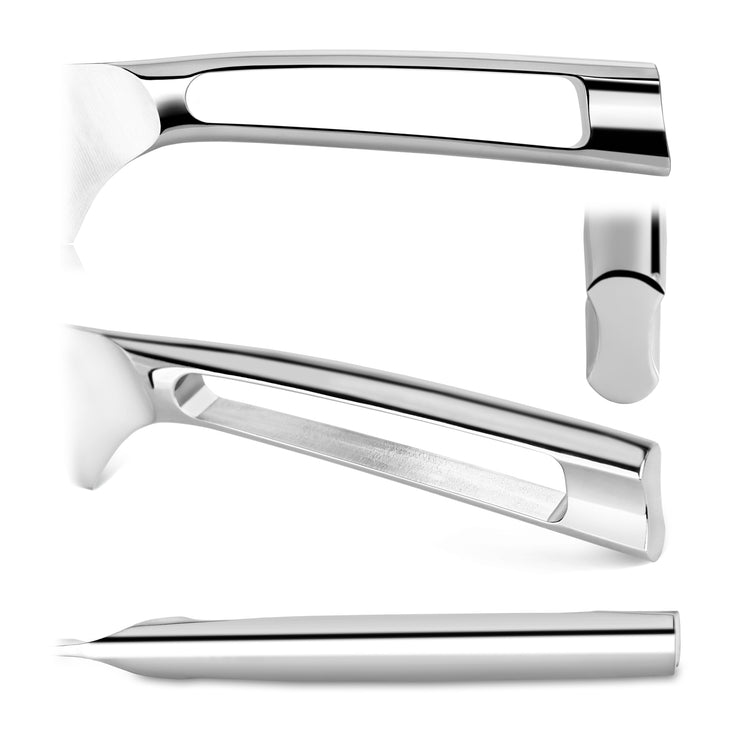 Close-up views of a sleek, modern stainless steel knife handle with a hollowed-out design.