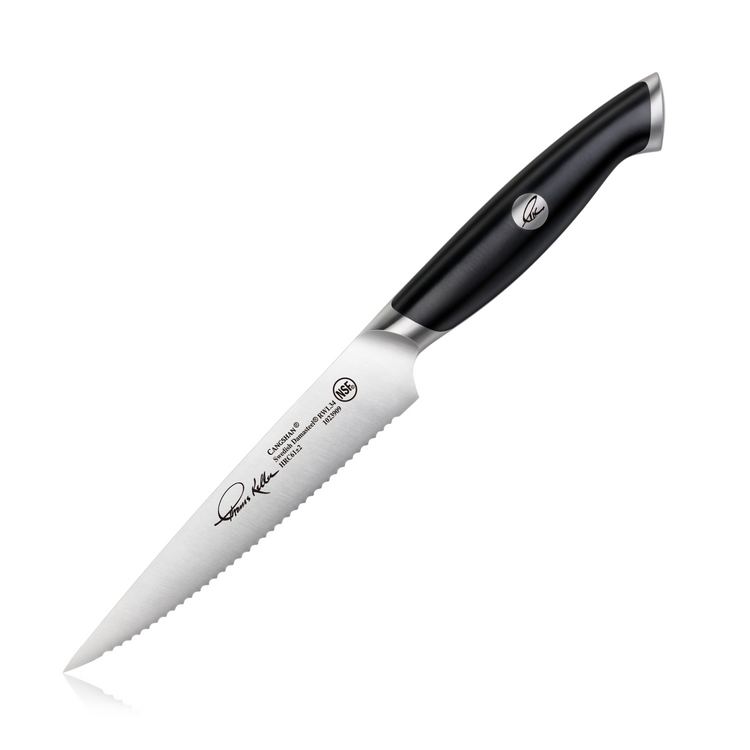 5-inch serrated utility knife with black ergonomic handle and stainless steel blade featuring signature engraving.