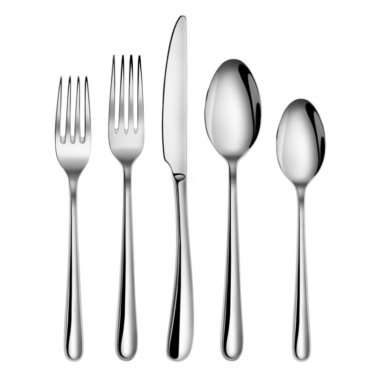 Five pieces of stainless steel flatware: salad fork, dinner fork, dinner knife, tablespoon, and teaspoon, arranged side by si