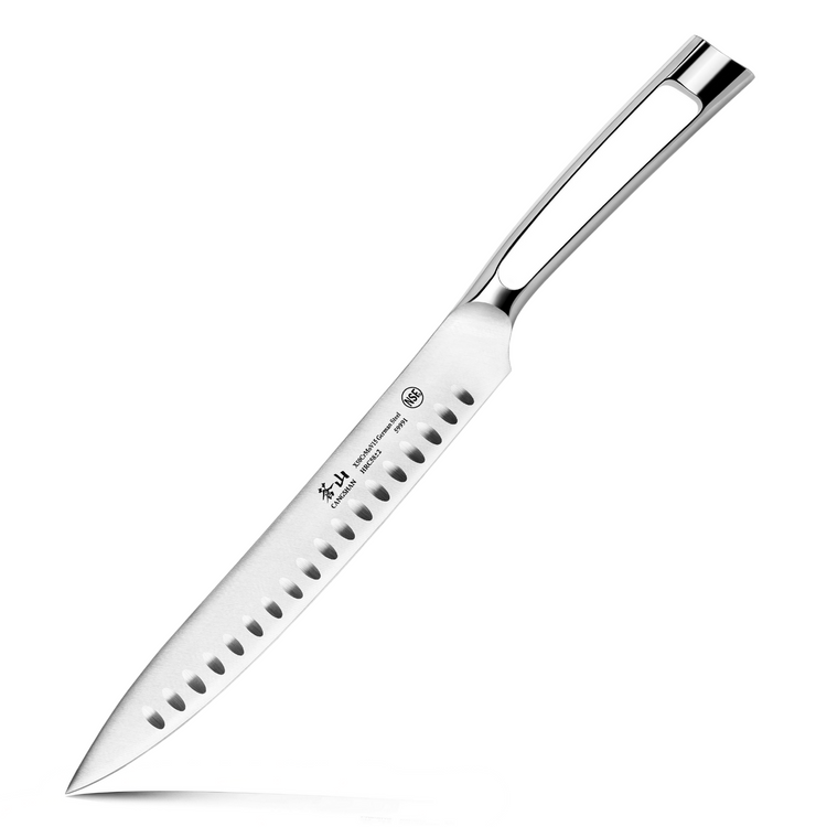 9-inch carving knife with hollow edge and full metal handle made of forged German steel.