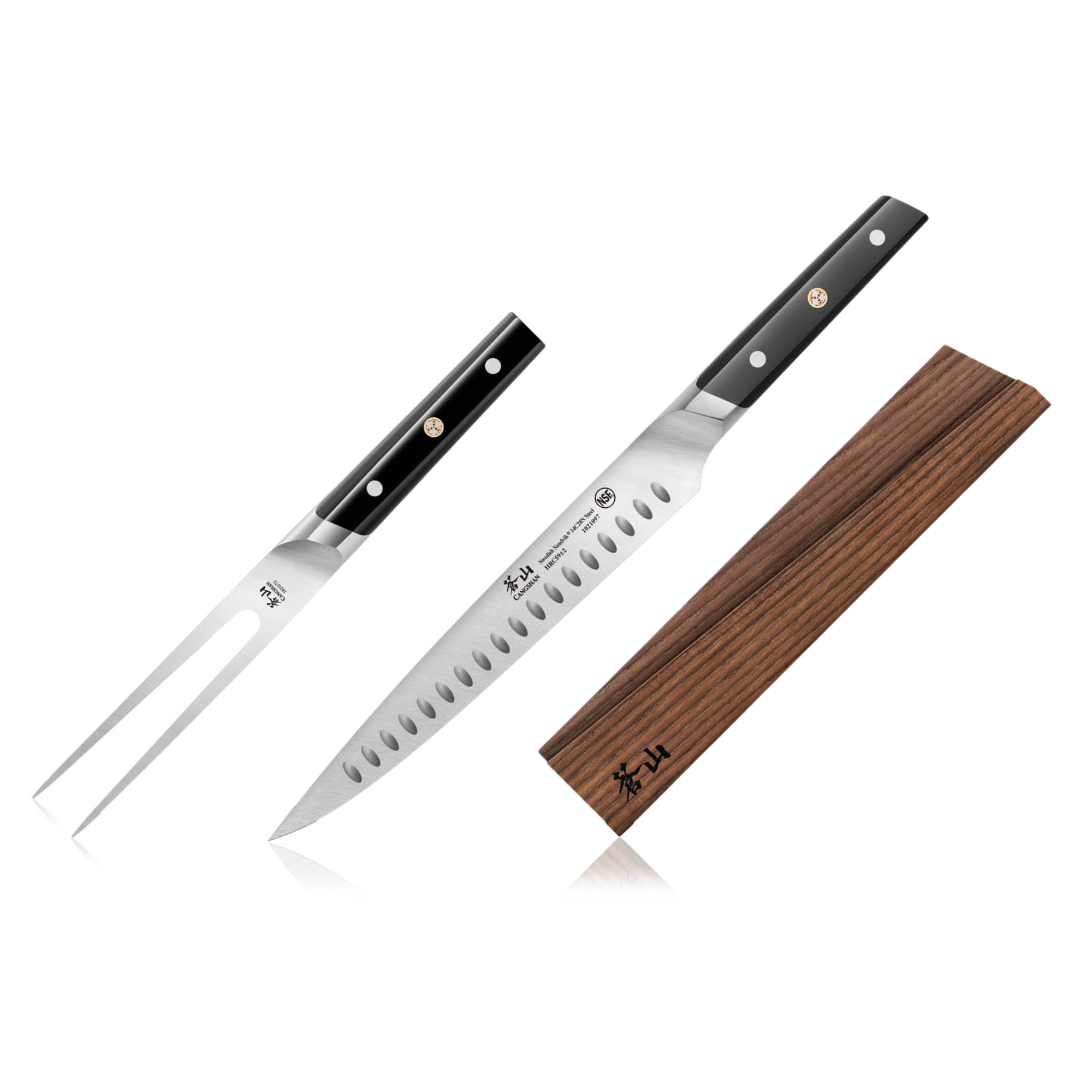 Two-piece carving set with a black-handled carving knife featuring a hollow edge, a matching fork, and a wooden sheath.