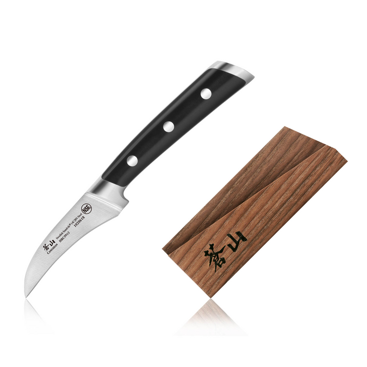 Peeling knife with curved stainless steel blade and black handle, next to a wooden sheath with engraved characters.