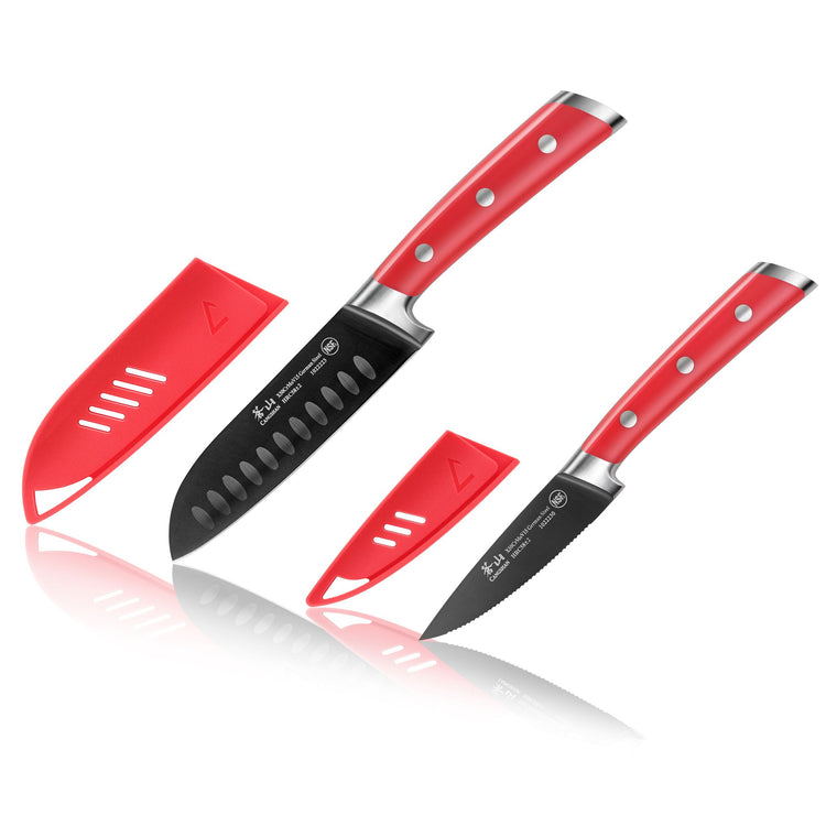 Two kitchen knives with red handles, each with a matching red protective sheath, on a white background.