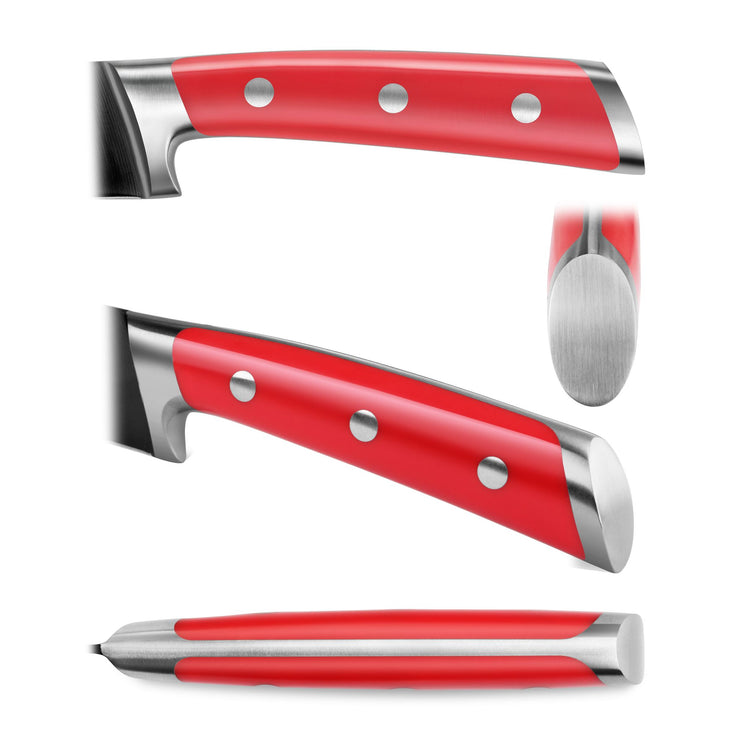 Red knife handle with three metal rivets shown from multiple angles against a white background.
