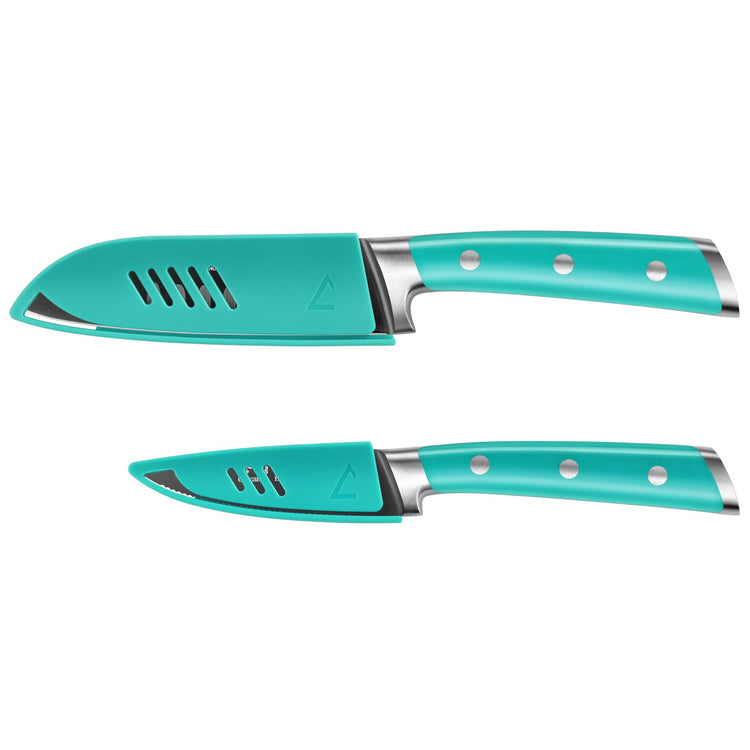 Two turquoise kitchen knives with stainless steel handles and blade covers, one larger and one smaller.