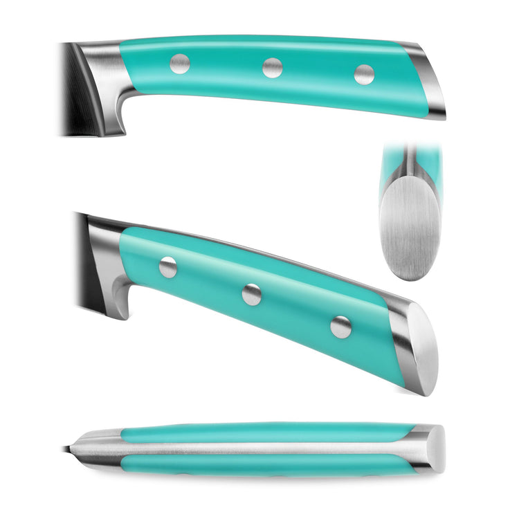 Knife handle shown from three angles, teal with three silver rivets and stainless steel ends.