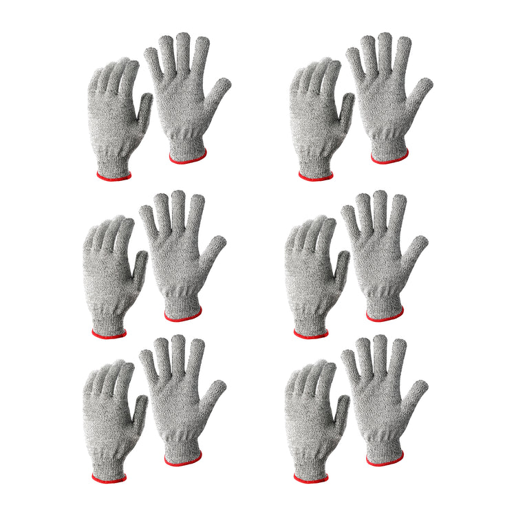 Six pairs of gray cut resistant gloves with red trim around the wrist, laid out flat with palms and backs visible.