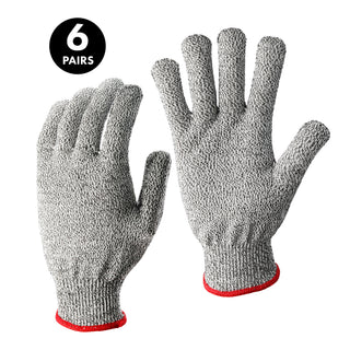 
                    
                      Pair of gray textured cut resistant gloves with red trim at the wrist, labeled as 6 pairs.
                    
                  