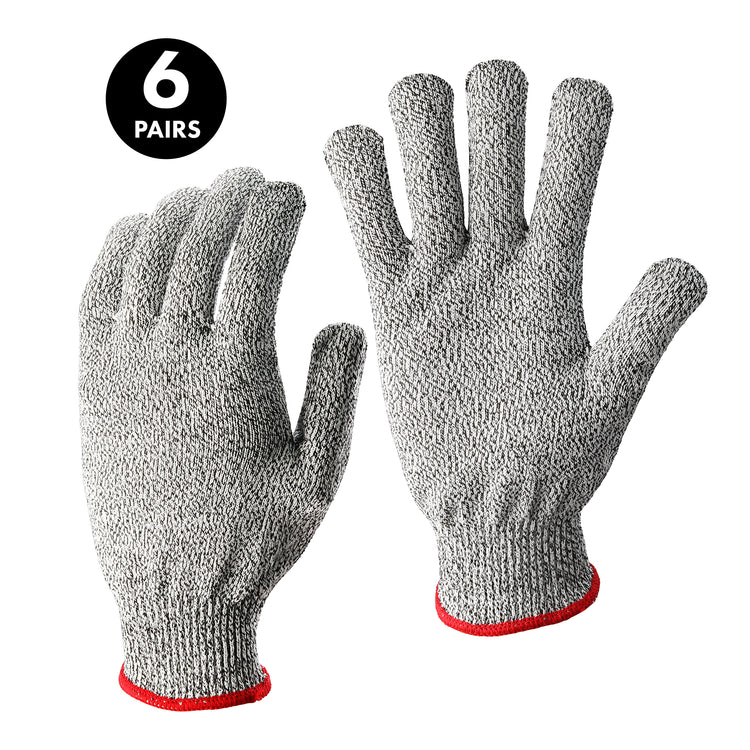 Pair of gray textured cut resistant gloves with red trim at the wrist, labeled as 6 pairs.