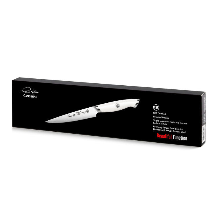 TKSC 5-inch utility knife with white handle, forged Swedish steel blade, displayed on black packaging box.