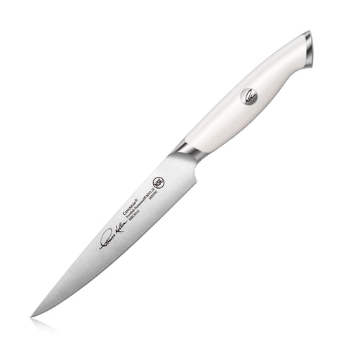 TKSC 5-inch utility knife with white ergonomic handle and stainless steel blade from Thomas Keller Signature Collection.