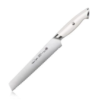 
                    
                      8-inch serrated bread knife with white handle and polished metal bolster and end cap.
                    
                  