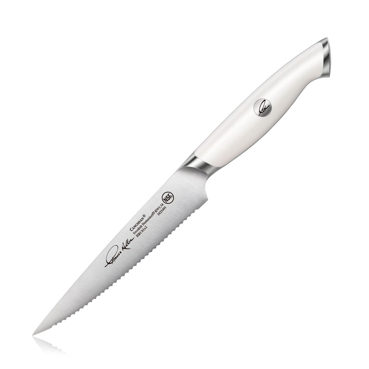 5-inch serrated utility knife with white ergonomic handle and stainless steel blade, Thomas Keller Signature Collection.