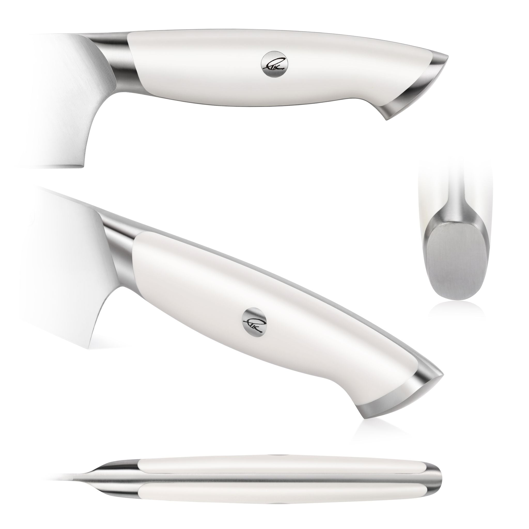 White ergonomic handle of a Santoku knife with stainless steel accents and a logo emblem on the side.