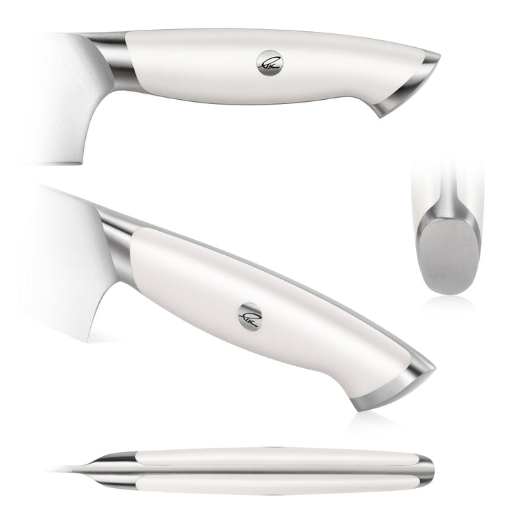 White ergonomic chef knife handle with stainless steel accents and a circular logo on the side.