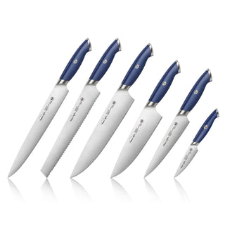 
                    
                      Six blue-handled kitchen knives of varying sizes arranged in a row on a white background.
                    
                  