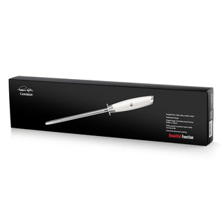 
                    
                      White-handled 8-inch honing steel with metal guard, displayed on black rectangular packaging box.
                    
                  