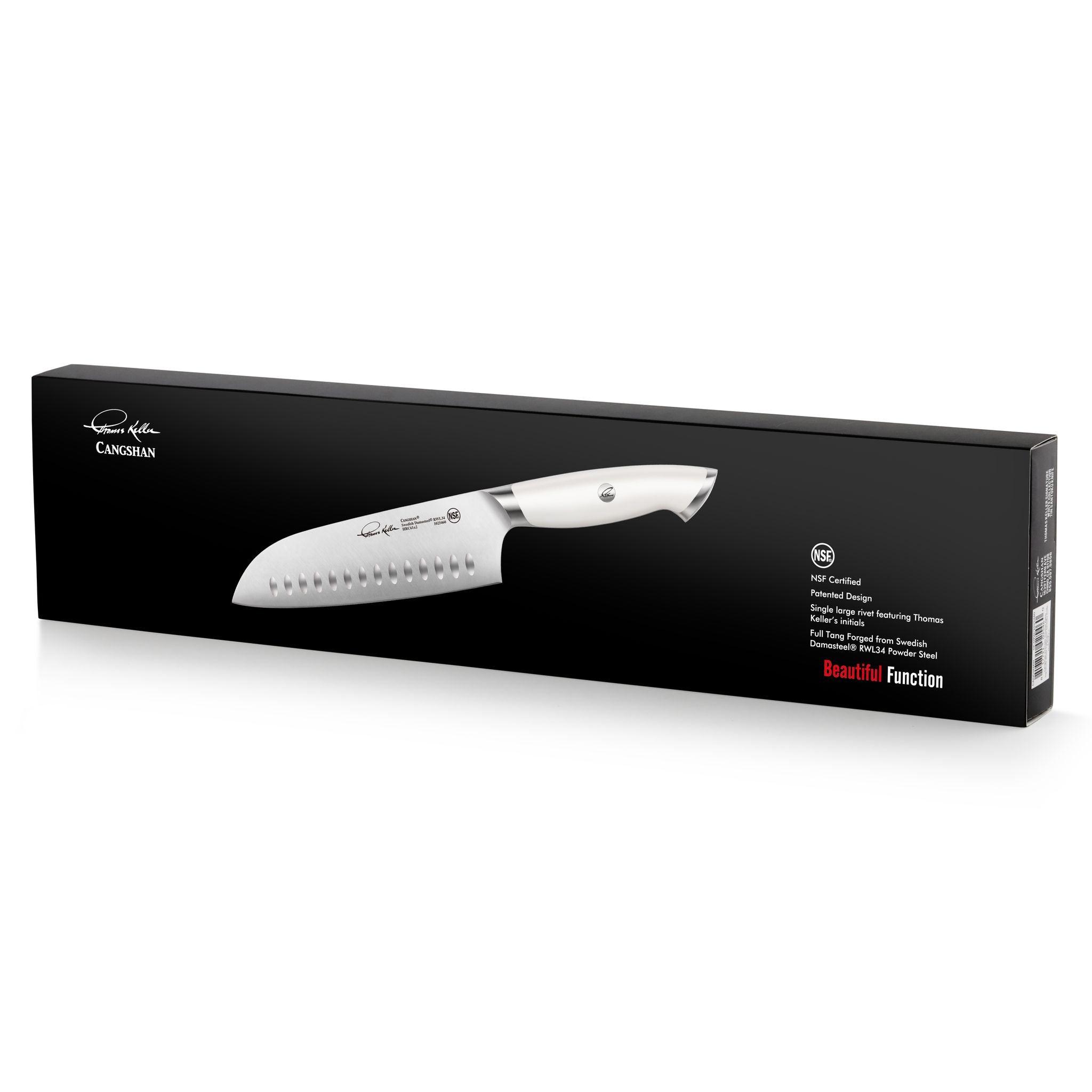 TKSC 7-inch Santoku knife with white handle displayed on black rectangular packaging box.