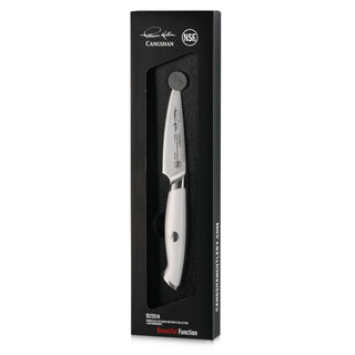 
                    
                      3.5-inch paring knife with white handle in black packaging, featuring engraved blade and brand logos.
                    
                  