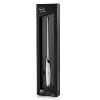 
                    
                      White-handled honing steel with a long metal rod, displayed in black packaging with branding.
                    
                  
