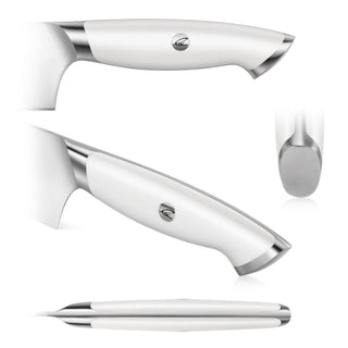 
                    
                      White-handled steak knife with stainless steel bolster and rounded end, shown from multiple angles.
                    
                  