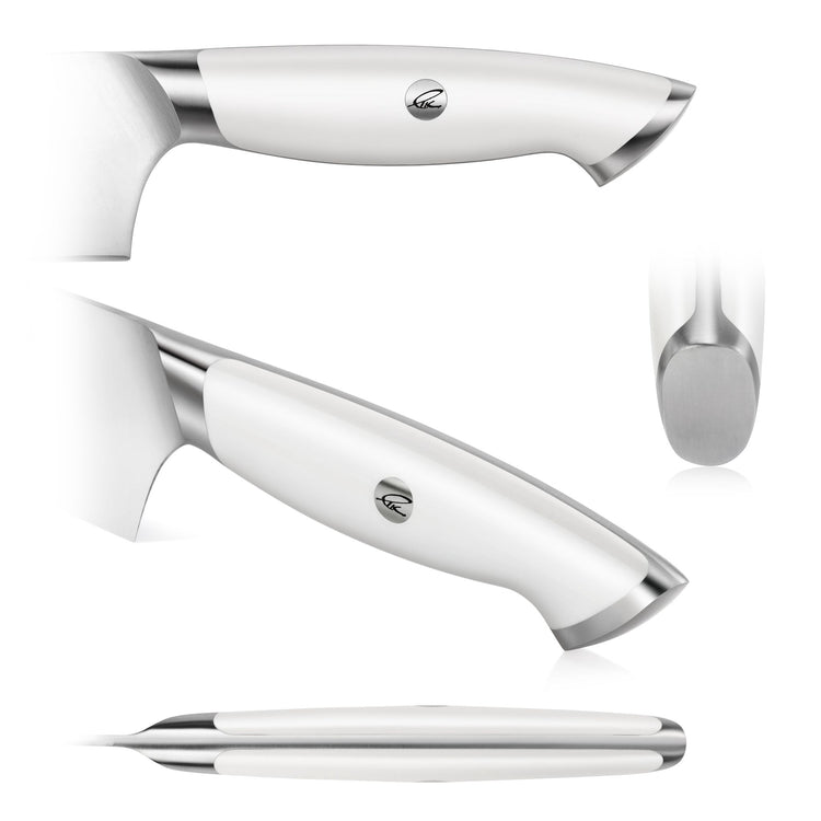White-handled steak knife with stainless steel bolster and rounded end, shown from multiple angles.