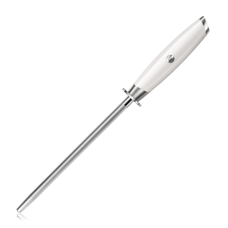 Diamond-coated honing steel with a white handle and stainless steel guard and tip.