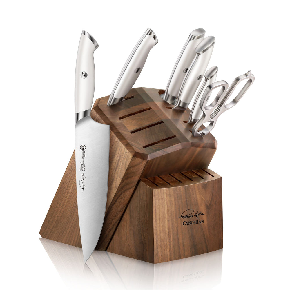 
                  
                    Load image into Gallery viewer, TKSC 7-Piece Knife Block Set with 8 Spare Slots, Forged Swedish Powder Steel, Thomas Keller Signature Collection
                  
                