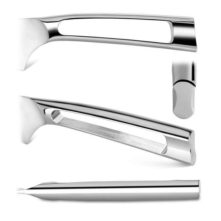 Close-up views of a polished stainless steel knife handle with an open rectangular cutout design.