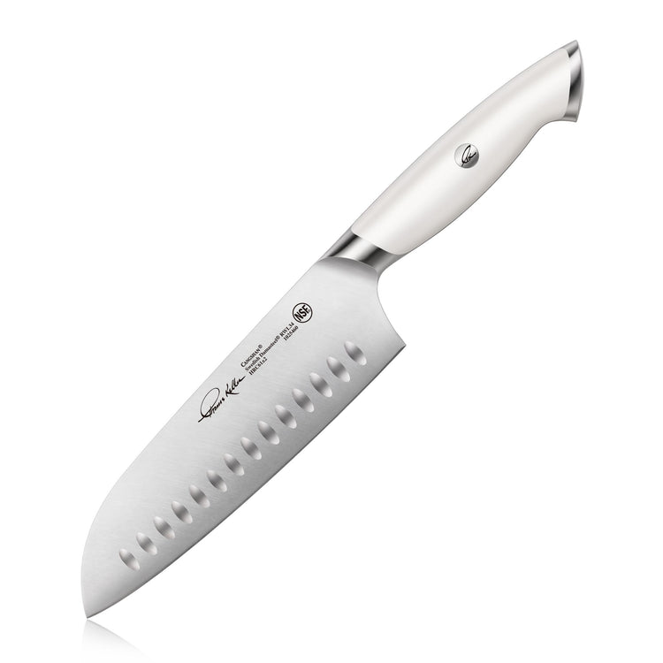 7-inch Santoku knife with white ergonomic handle and dimples along the blade for food release.