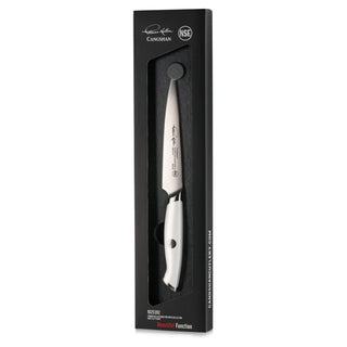 
                    
                      White-handled 5-inch utility knife with stainless steel blade in black packaging from Thomas Keller Signature Collection.
                    
                  