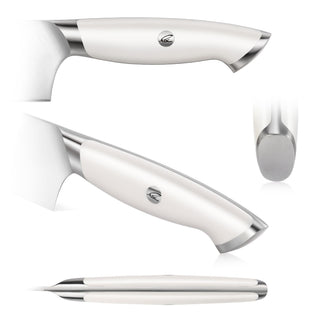 
                    
                      White knife handle with stainless steel accents and a small circular logo, shown from multiple angles.
                    
                  