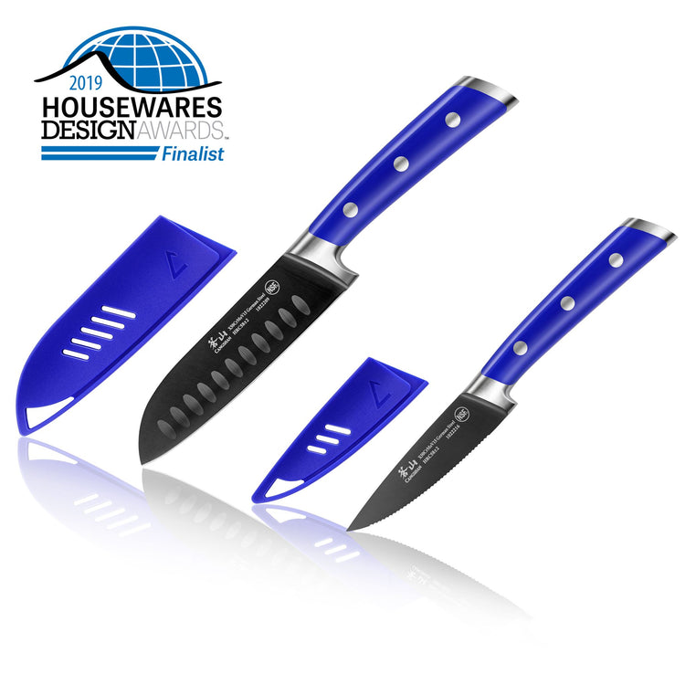 Two blue-handled kitchen knives with matching blue blade covers, labeled as 2019 Housewares Design Awards finalist.