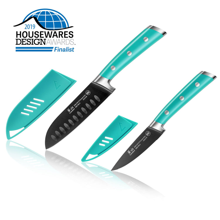 Two turquoise-handled kitchen knives with matching blade covers and a 2019 Housewares Design Awards finalist logo.