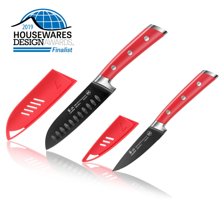 Two kitchen knives with red handles and black blades, each with a matching red protective sheath.