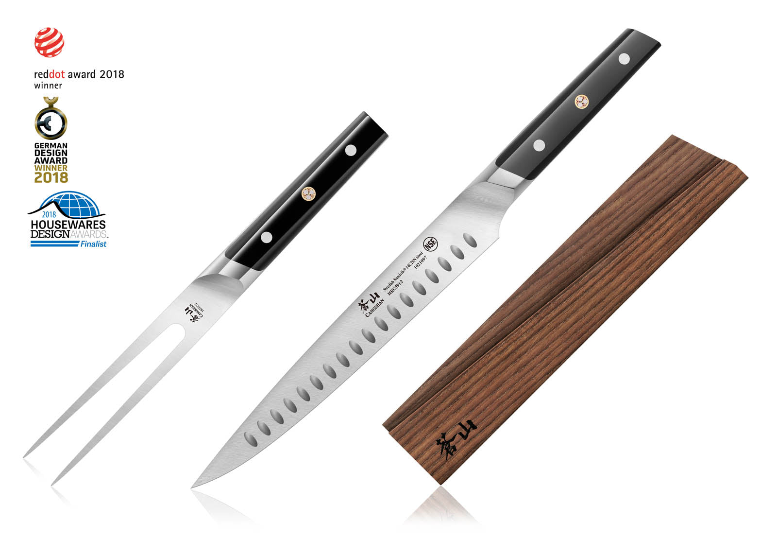Two-piece carving set with a fork and a hollow-ground carving knife, both with black handles, alongside a wooden sheath.