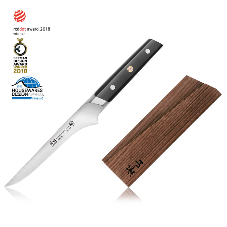 Thin paring knife with black handle and wooden sheath featuring Japanese characters.