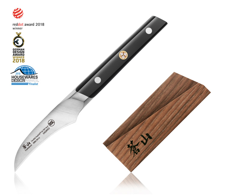 Curved kitchen knife with black handle and wooden sheath featuring Asian characters, alongside award logos.