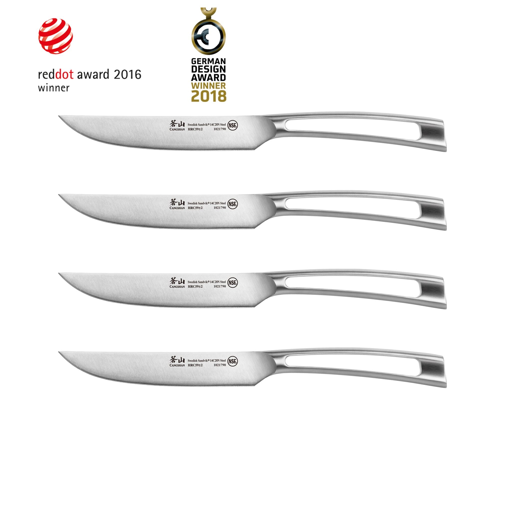 Four identical stainless steel steak knives with hollow handles, arranged horizontally in a row.