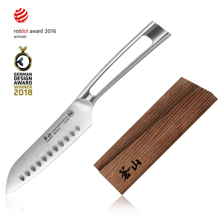 Santoku knife with stainless steel handle and blade featuring hollow edge, next to a wooden sheath with black markings.