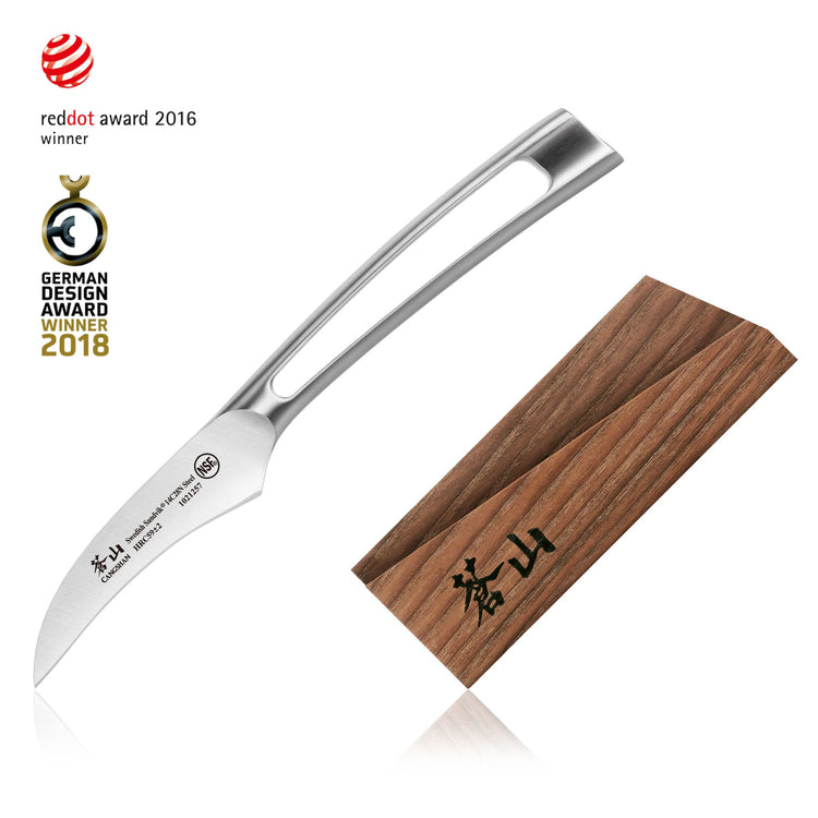 Peeling knife with curved stainless steel blade and open handle next to a wooden sheath with black markings.
